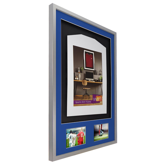 Vivarti DIY 3D Mounted + Double Aperture Sports Shirt Display Silver Frame with Colour Mounts