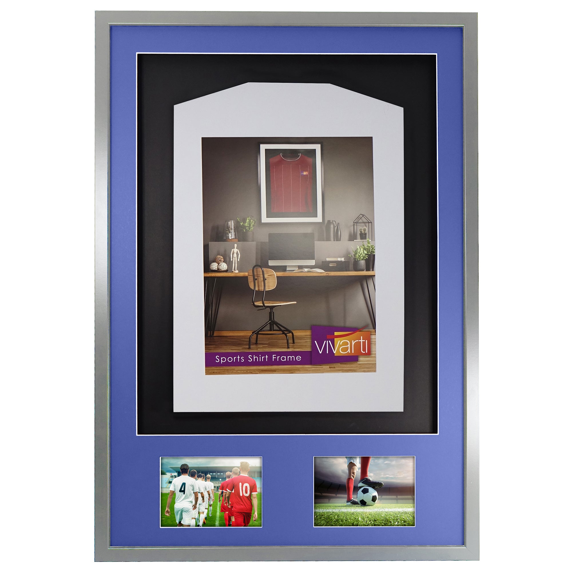 Vivarti DIY 3D Mounted + Double Aperture Sports Shirt Display Silver Frame with Colour Mounts