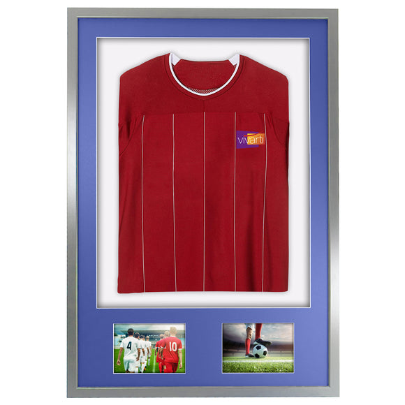 Vivarti DIY 3D Mounted + Double Aperture Sports Shirt Display Silver Frame with Colour Mounts