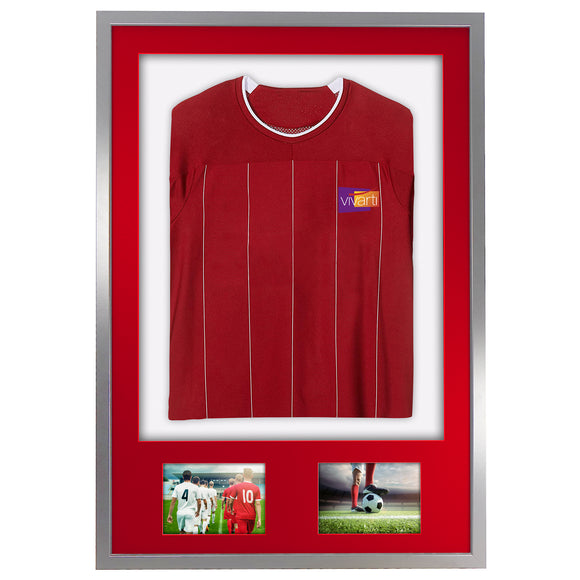Vivarti DIY 3D Mounted + Double Aperture Sports Shirt Display Silver Frame with Colour Mounts
