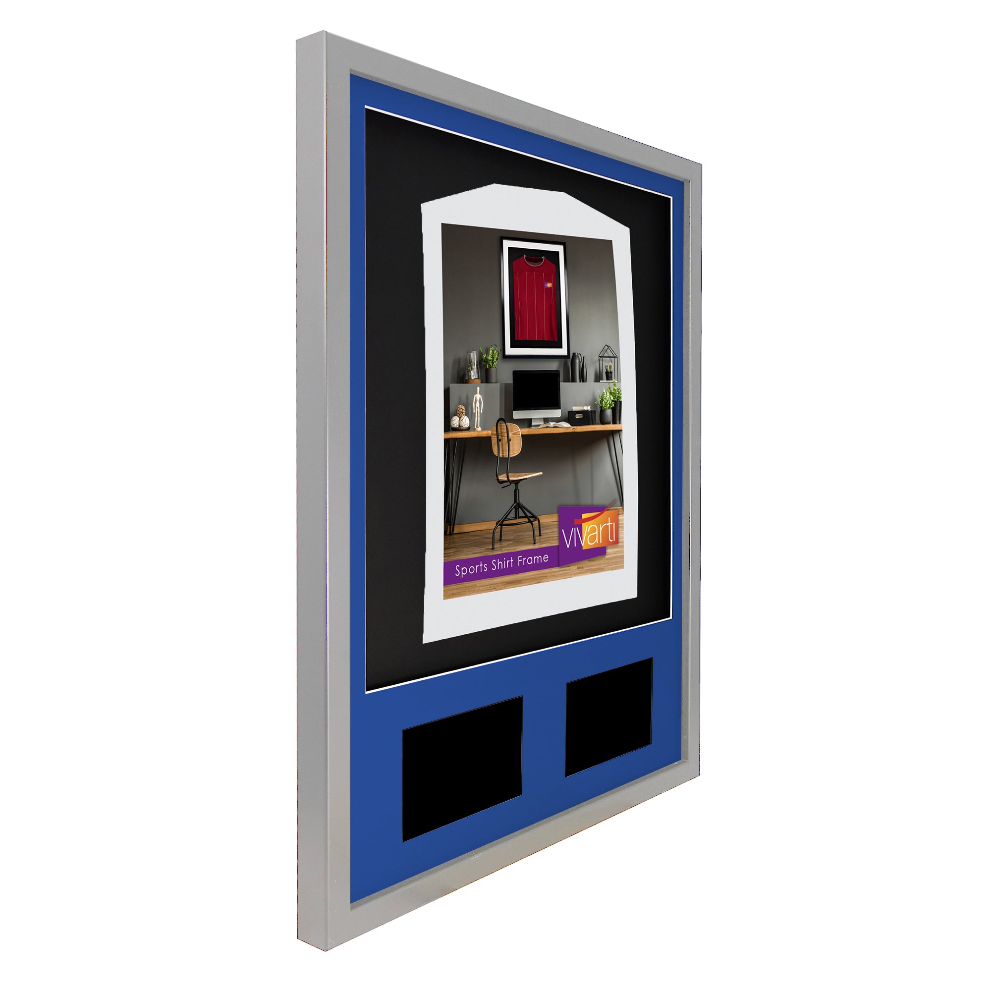 Vivarti DIY 3D Mounted + Double Aperture Sports Shirt Display Silver Frame with Colour Mounts