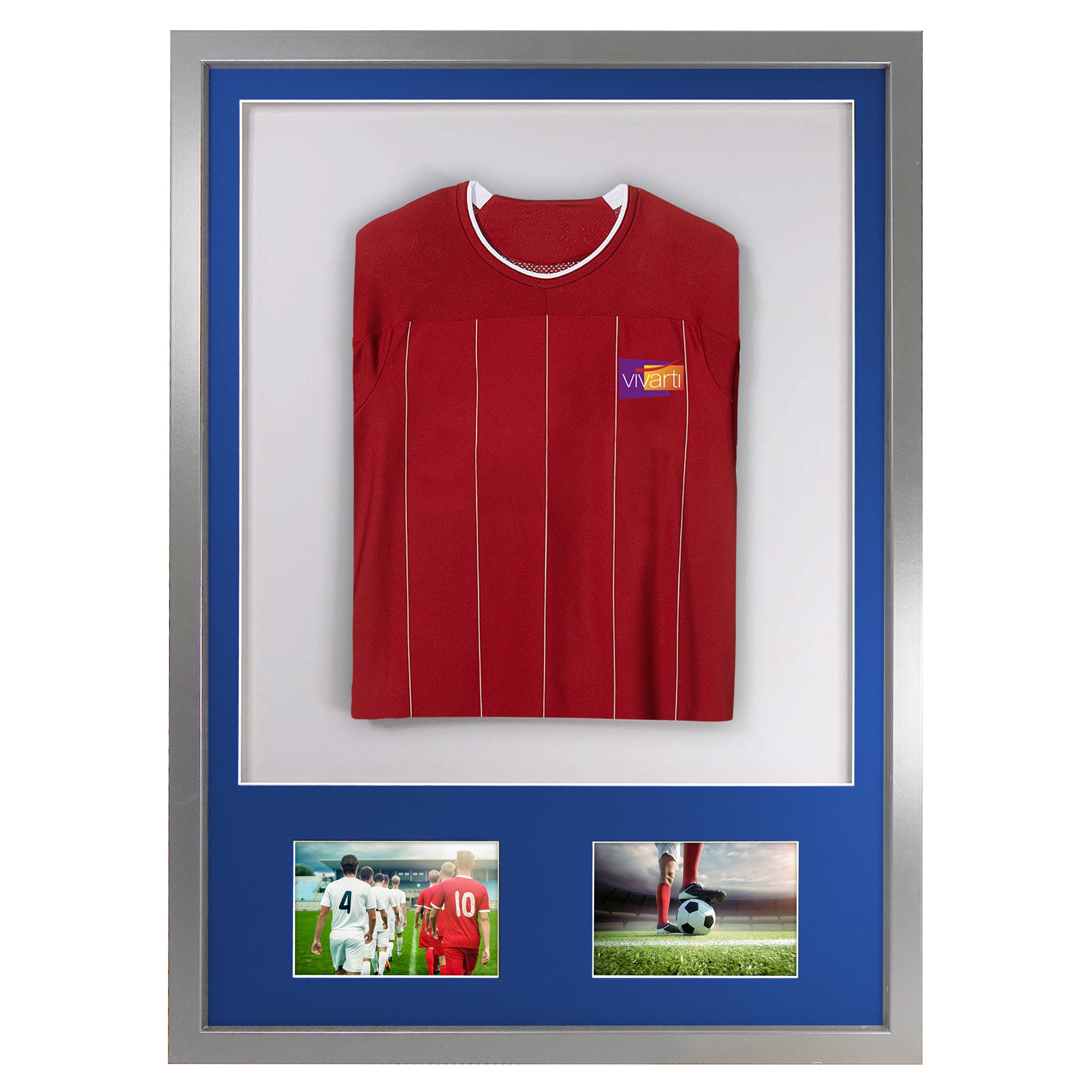 Vivarti DIY 3D Mounted + Double Aperture Sports Shirt Display Silver Frame with Colour Mounts