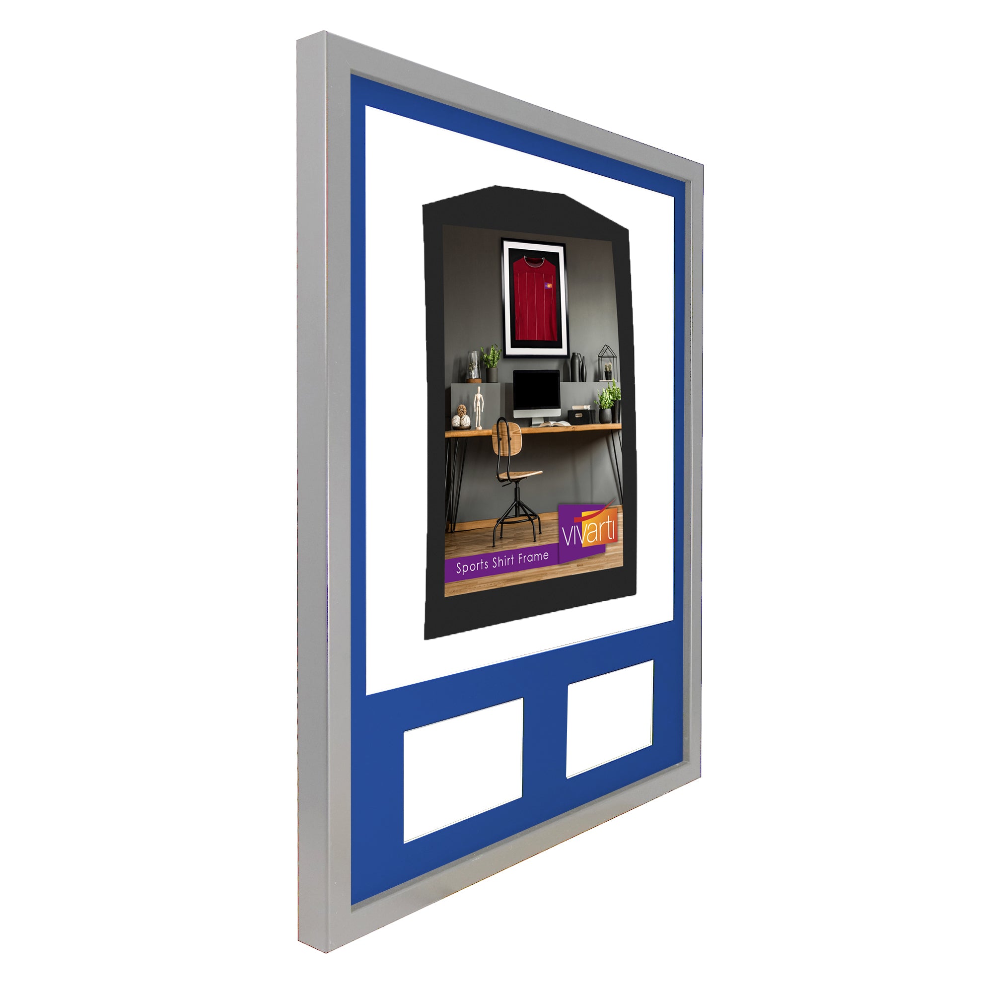 Vivarti DIY 3D Mounted + Double Aperture Sports Shirt Display Silver Frame with Colour Mounts