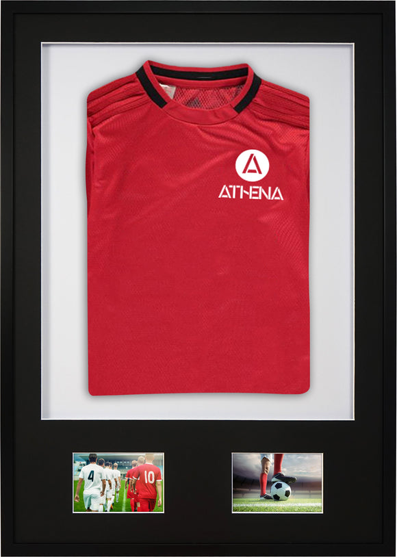 Athena Premium Wood DIY Sports Shirt Display 3D Mounted + Double Aperture Black Frame