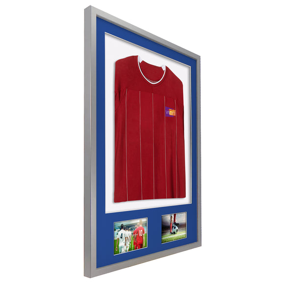 Vivarti DIY 3D Mounted + Double Aperture Sports Shirt Display Silver Frame with Colour Mounts