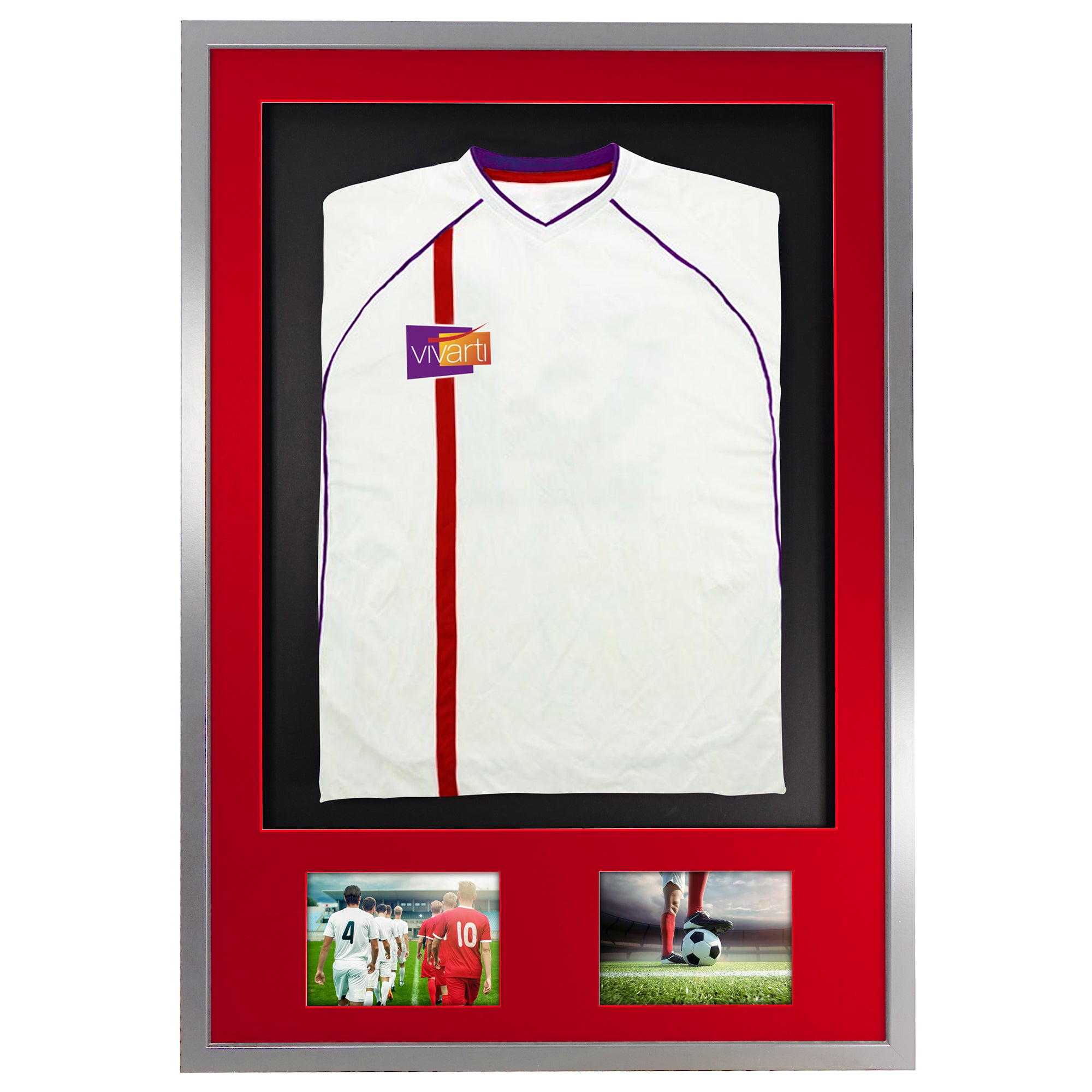 Vivarti DIY 3D Mounted + Double Aperture Sports Shirt Display Silver Frame with Colour Mounts