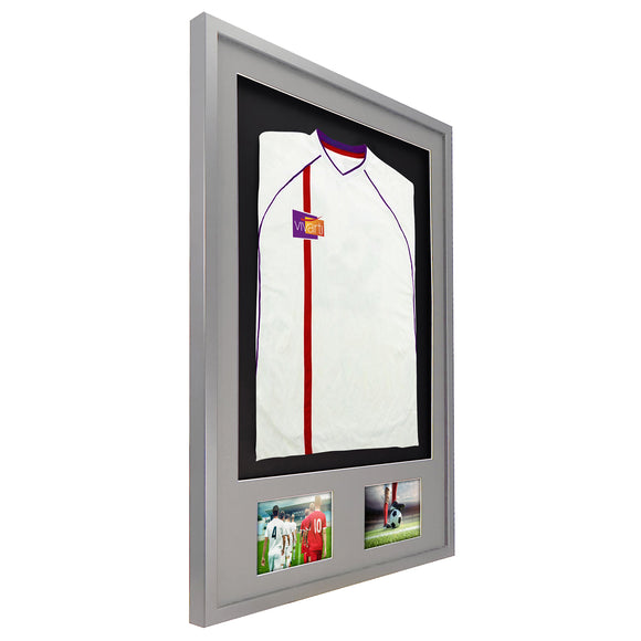Vivarti DIY 3D Mounted + Double Aperture Sports Shirt Display Silver Frame with Colour Mounts