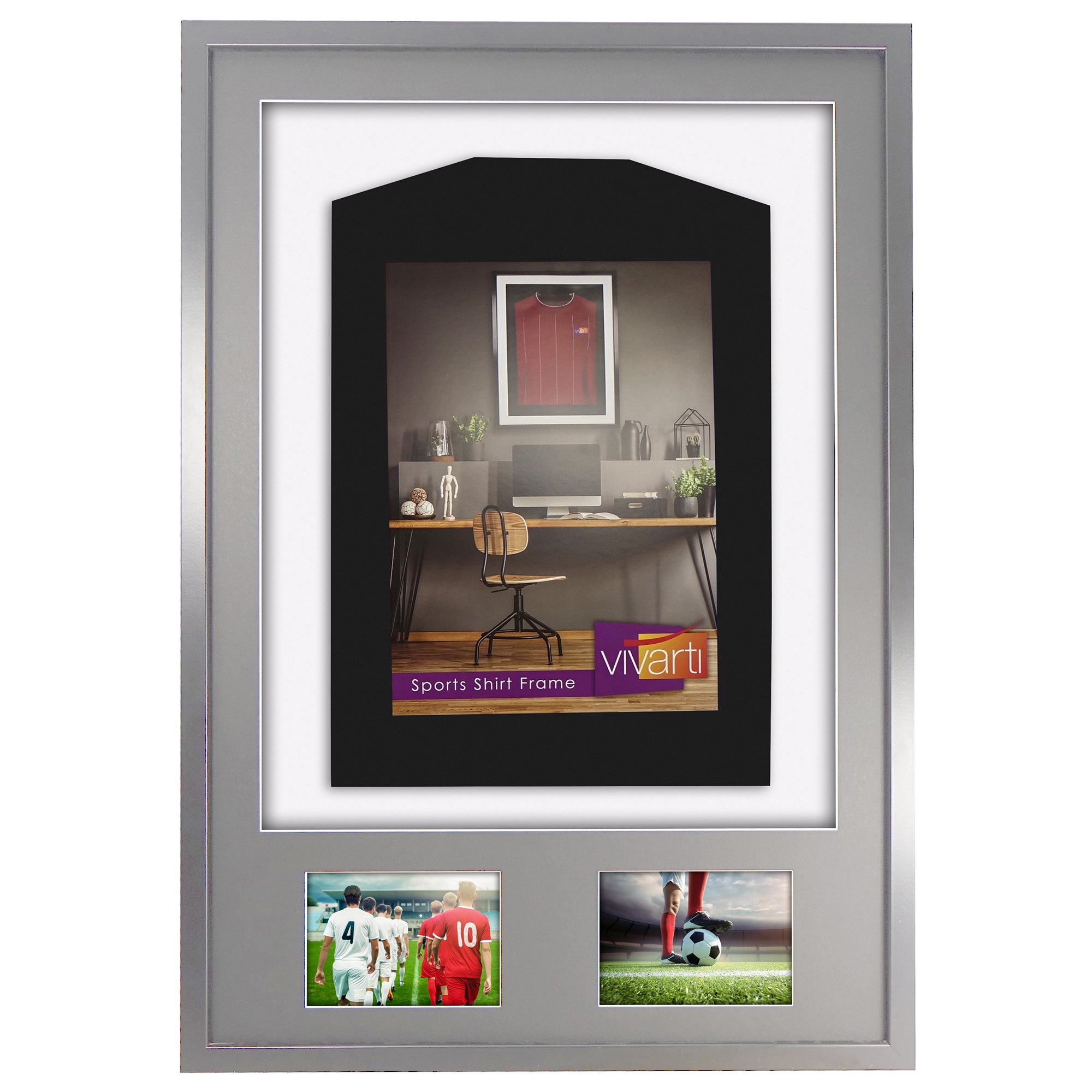 Vivarti DIY 3D Mounted + Double Aperture Sports Shirt Display Silver Frame with Colour Mounts